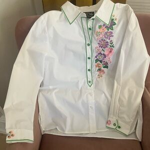 Bob Mackie White Blouse with Floral Embroidery